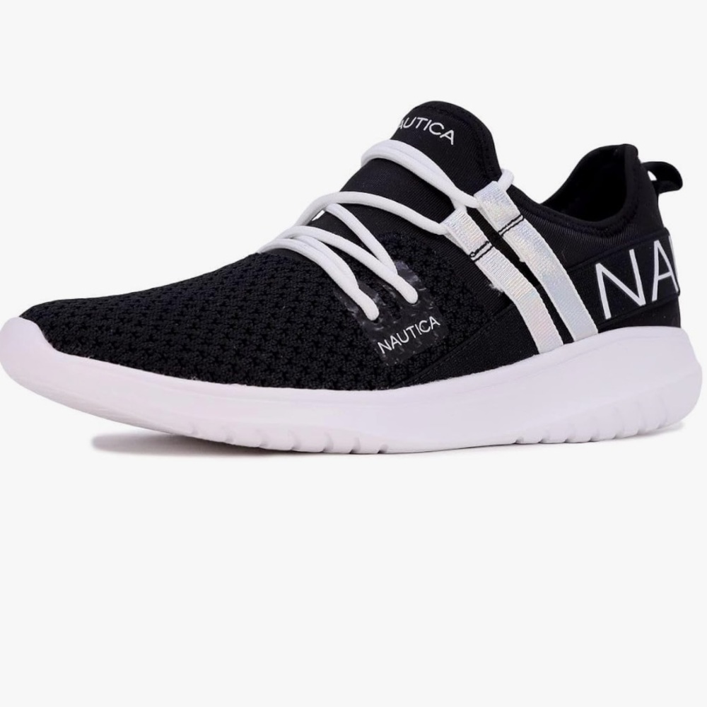Nautica Women Sneaker Lace-Up Jogger Running Shoe, Black & White Silver, 7.5